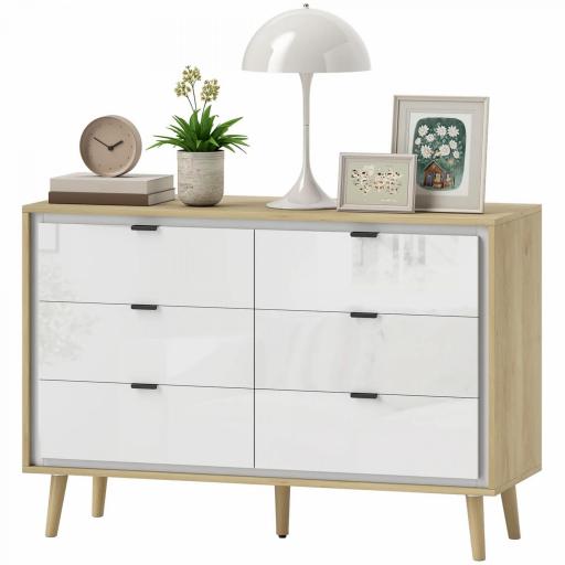 Cómoda 6 Cajones Cómoda Dormitorio con Patas de Madera Estilo Moderno 110x40x75 cm Blanco Brillo y Roble [5]