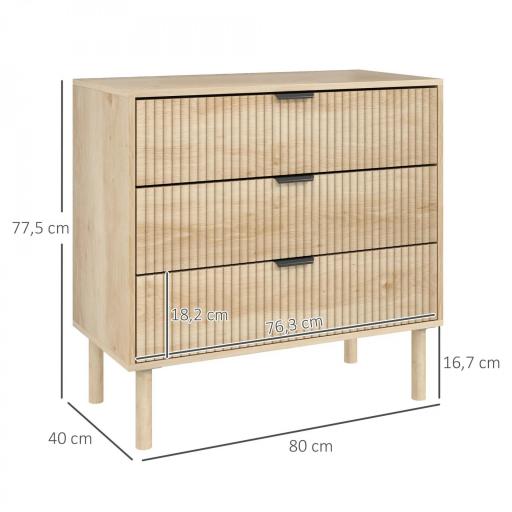 Cómoda de Dormitorio Estilo Nórdico con Cajones Amplios Paneles Acanalados y Tiradores Metálicos 80x40x77,5 cm Roble [1]