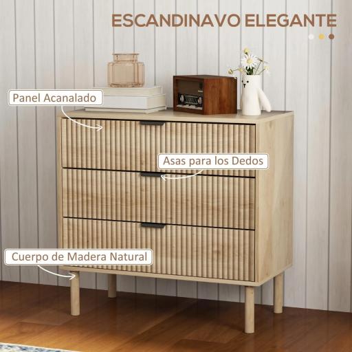 Cómoda de Dormitorio Estilo Nórdico con Cajones Amplios Paneles Acanalados y Tiradores Metálicos 80x40x77,5 cm Roble [4]