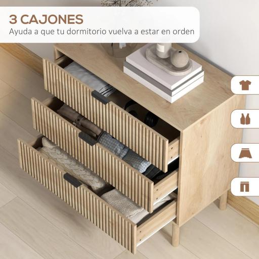 Cómoda de Dormitorio Estilo Nórdico con Cajones Amplios Paneles Acanalados y Tiradores Metálicos 80x40x77,5 cm Roble [2]