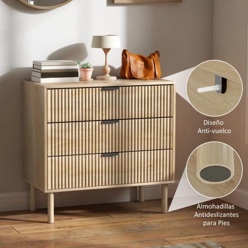 Cómoda de Dormitorio Estilo Nórdico con Cajones Amplios Paneles Acanalados y Tiradores Metálicos 80x40x77,5 cm Roble [5]