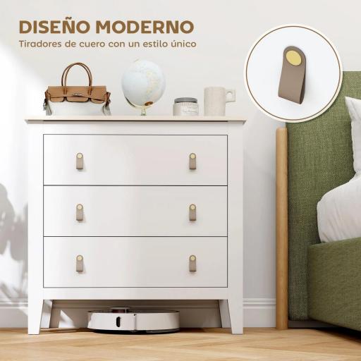 Cómoda para Dormitorio con 3 Cajones Tiradores de PU Cajonera para Salón Pasillo 80x40x78,5 cm Blanco [5]
