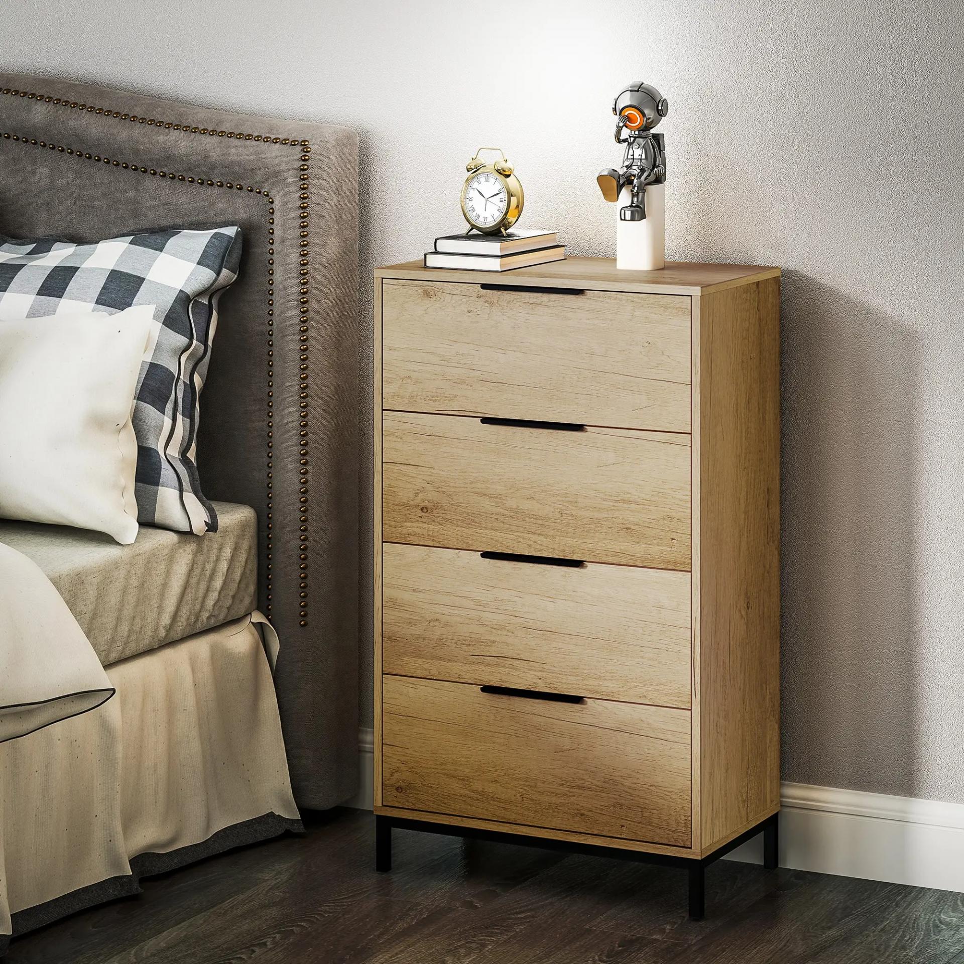 Cómoda para Dormitorio Alta con 4 Cajones Tiradores Metálicos Cajonera Estrecha para Salón Pasillo 62x35x105 cm Natural