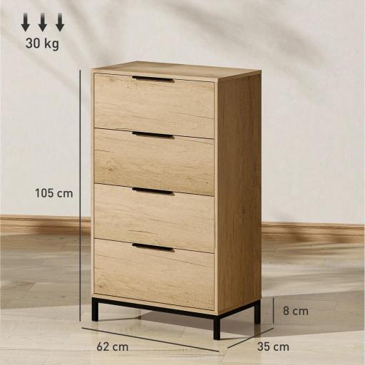 Cómoda para Dormitorio Alta con 4 Cajones Tiradores Metálicos Cajonera Estrecha para Salón Pasillo 62x35x105 cm Natural [2]