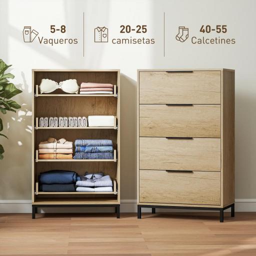 Cómoda para Dormitorio Alta con 4 Cajones Tiradores Metálicos Cajonera Estrecha para Salón Pasillo 62x35x105 cm Natural [1]