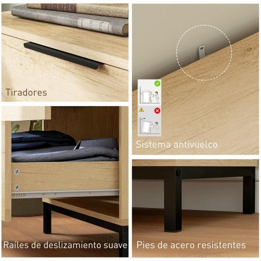 Cómoda para Dormitorio Alta con 4 Cajones Tiradores Metálicos Cajonera Estrecha para Salón Pasillo 62x35x105 cm Natural [3]