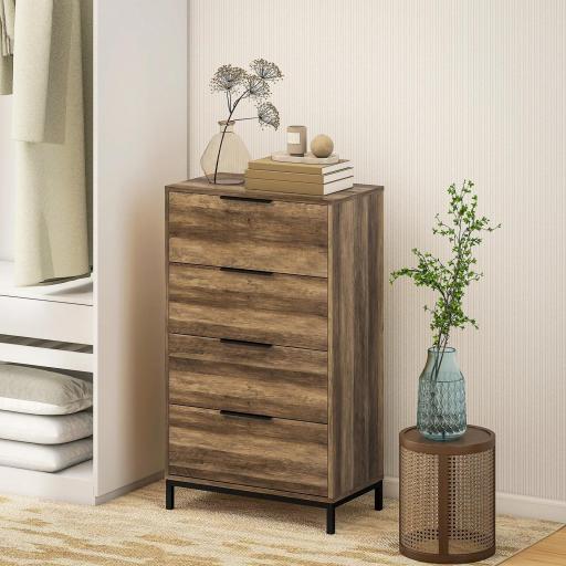 Cómoda para Dormitorio Alta con 4 Cajones Tiradores Metálicos Cajonera Estrecha para Salón Pasillo 62x35x105 cm Natural [5]