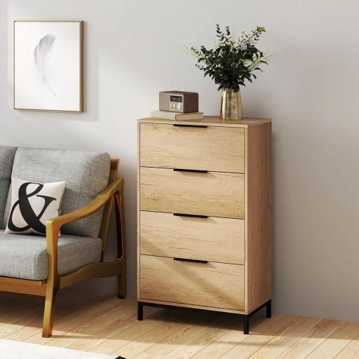 Cómoda para Dormitorio Alta con 4 Cajones Tiradores Metálicos Cajonera Estrecha para Salón Pasillo 62x35x105 cm Natural [4]