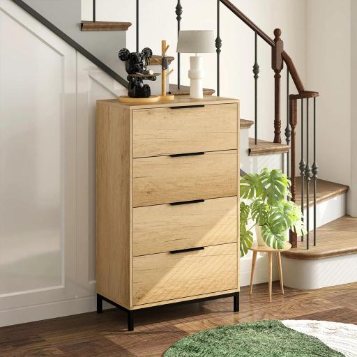 Cómoda para Dormitorio Alta con 4 Cajones Tiradores Metálicos Cajonera Estrecha para Salón Pasillo 62x35x105 cm Natural [8]