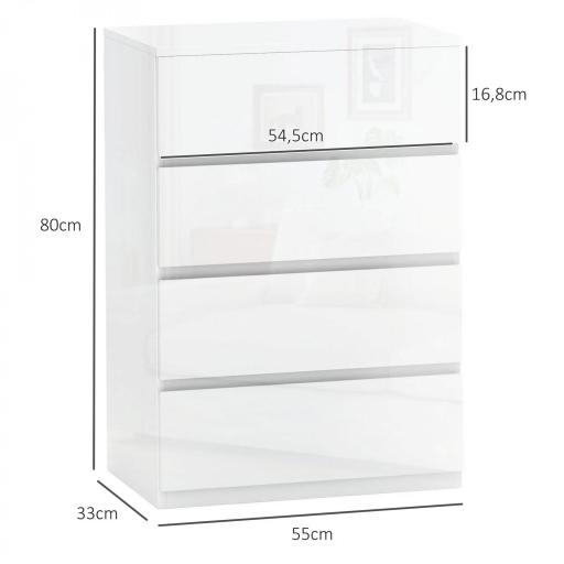 Cómoda con 4 Cajones Diseño Anti-vuelco Cajonera para Salón Pasillo 55x33x80 cm Blanco Brillante [1]