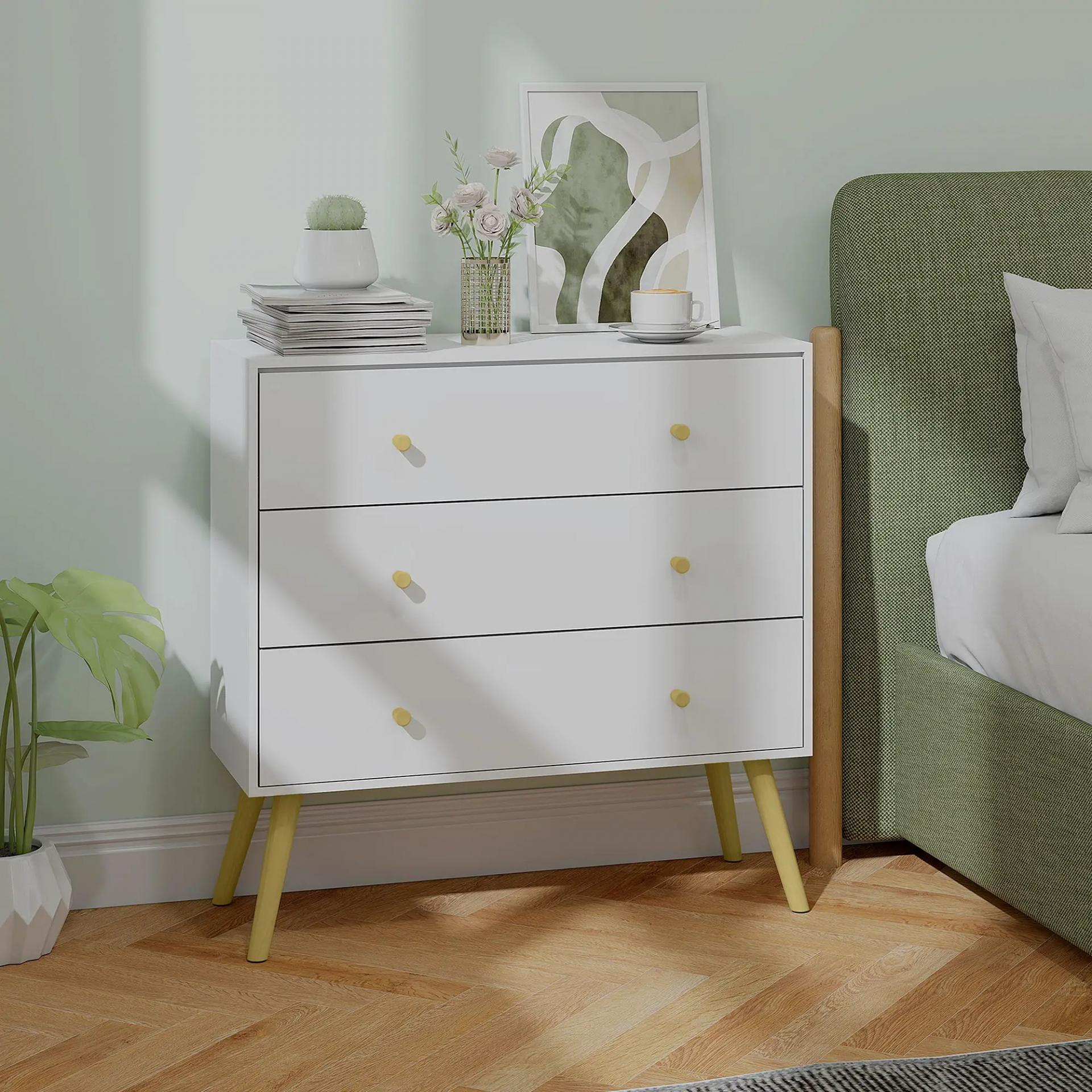 Cómoda con 3 Cajones Cajonera de Dormitorio con Patas de Madera de Pino para Salón Oficina Habitación 80x30x80 cm Blanco