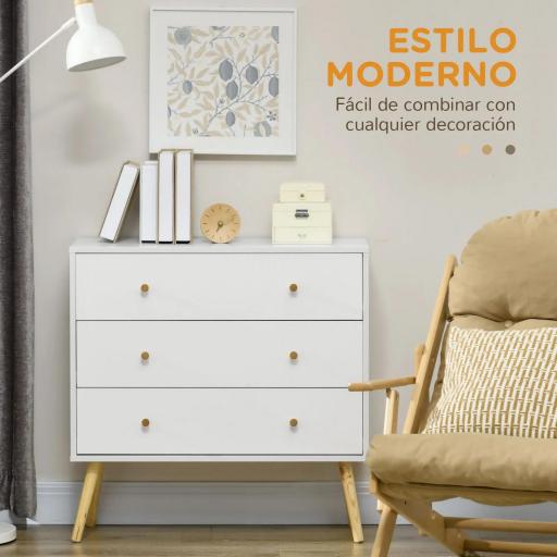 Cómoda con 3 Cajones Cajonera de Dormitorio con Patas de Madera de Pino para Salón Oficina Habitación 80x30x80 cm Blanco [3]