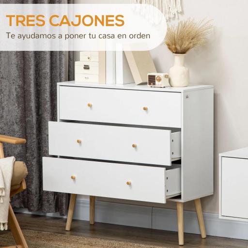 Cómoda con 3 Cajones Cajonera de Dormitorio con Patas de Madera de Pino para Salón Oficina Habitación 80x30x80 cm Blanco [6]