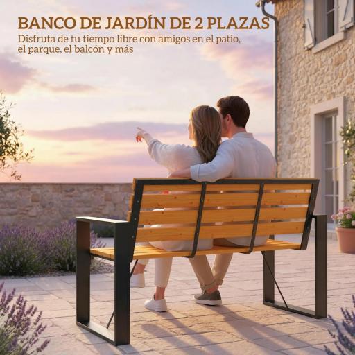 Banco de Jardín Exterior de 2 Plazas con Respaldo y Asiento Listonado de Madera Marco de Acero 136x54x82 cm Natural [2]
