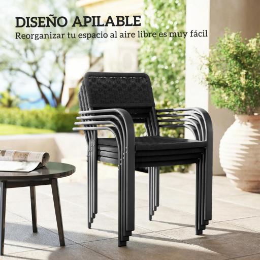 Juego de 4 Sillas de Jardín Exterior Apilables con Reposabrazos Respaldo y Marco de Acero 55x60x83 cm Negro [3]