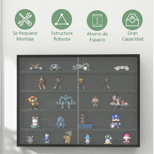 Vitrina de Pared Vitrina de Madera con Estantes Ajustables y 2 Puertas Correderas de Cristal 80x9,5x60 cm Negro [4]