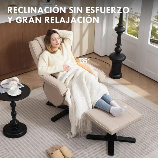 Sillón Relax Reclinable con Reposapiés Giratoria Tapizado en Lino con Base de Madera Beige [6]