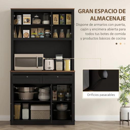 Alacena de Cocina con 3 Puertas de Vidrio Compartimento Abierto 2 Cajones y Estantes Ajustables 100x40x180 cm Negro [2]