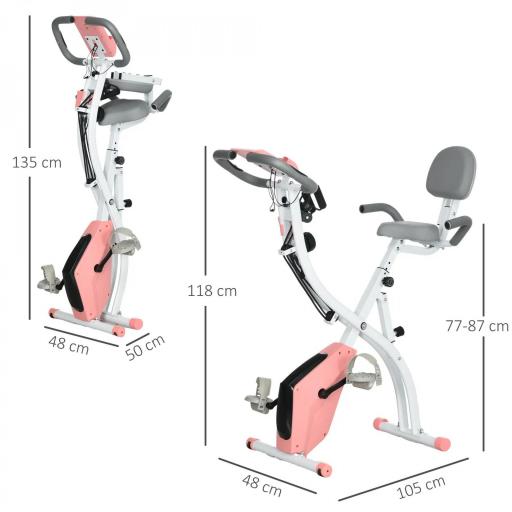 Bicicleta Estática Plegable 3 en 1 con Respaldo y 8 Niveles Resistencia Magnética, Bicicleta Estática para Casa Ajustable con Monitor LCD Volante Banda Sensor de Pulso Soporte de Teléfono Rosa [5]
