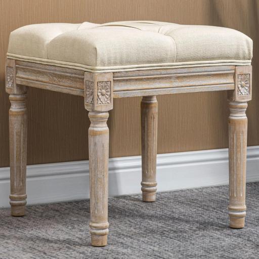 Reposapiés de Salón con Asiento Capitoné y Patas Talladas de Madera Estilo Vintage para Dormitorio 40x40x43 cm Beige  [3]