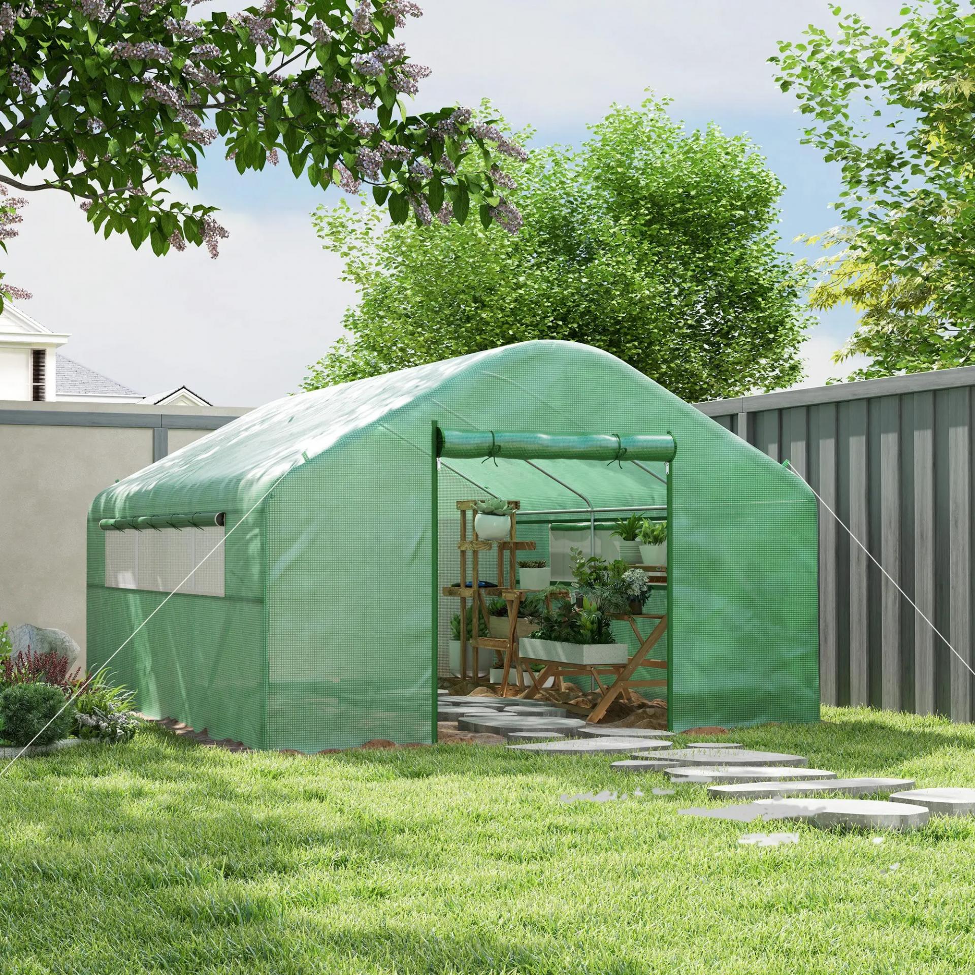 Invernadero de Túnel 4x3x2 m con 2 Ventanas Cubierta de PE Anti-UV y 1 Puerta Enrollable con Cremallera Verde