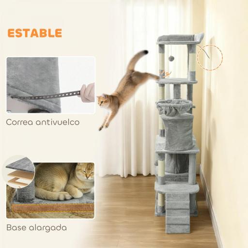 Árbol Rascador para Gatos Grande Altura 170 cm con 7 Postes 1 Túnel 3 Plataformas 2 Cuevas 1 Hamaca Gris Claro [7]