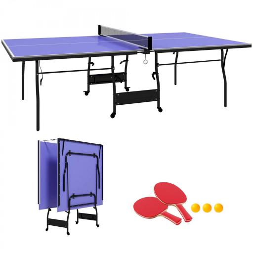 Mesa de Ping-Pong Tamaño Estándar con 4 Ruedas Red 2 Paletas y 3 Pelotas para Interior 274x152,5x76 cm Azul [9]
