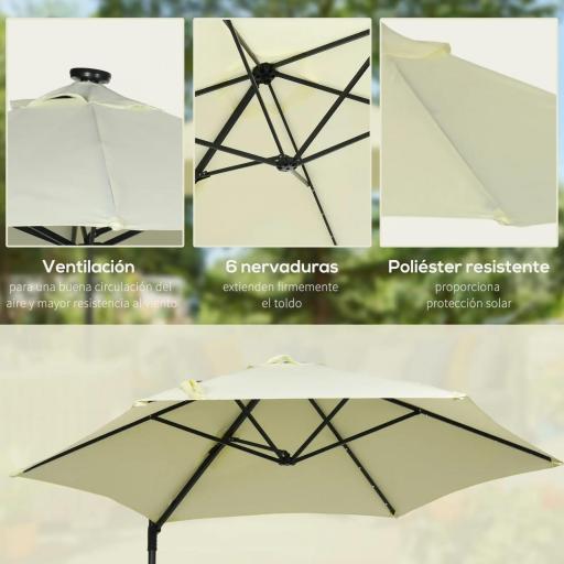 Parasol de Terraza Manual Ø256x248 cm con Luces LED Solares Poste Giratorio 360° y Ventilación Superior Beige [3]