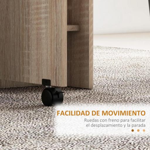 Mesa Plegable con 2 Alas Abatibles de Madera 2 Estantes y Ruedas para Cocina Comedor 75x140x74 cm Madera Natural [3]