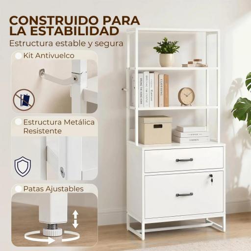 Mueble Archivador con Estantería 2 Cajones Encimera para Impresora Cerradura para A4 Letter Legal Blanco [2]