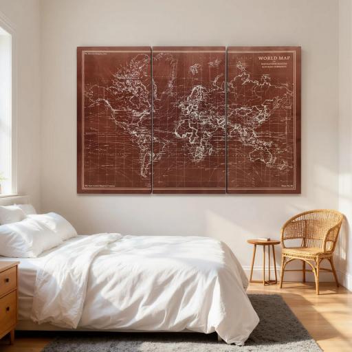 Cuadros en Lienzo Trípticos Mapamundi Vintage a Mano 120x60 cm con Marco de Madera Decoración para Dormitorio Marrón [7]