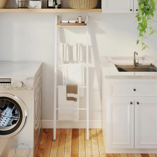 Toallero Escalera con Estante Superior y 4 Barras Toallero de Baño para Apoyar en Pared 43x20x151 cm Blanco y Roble [5]