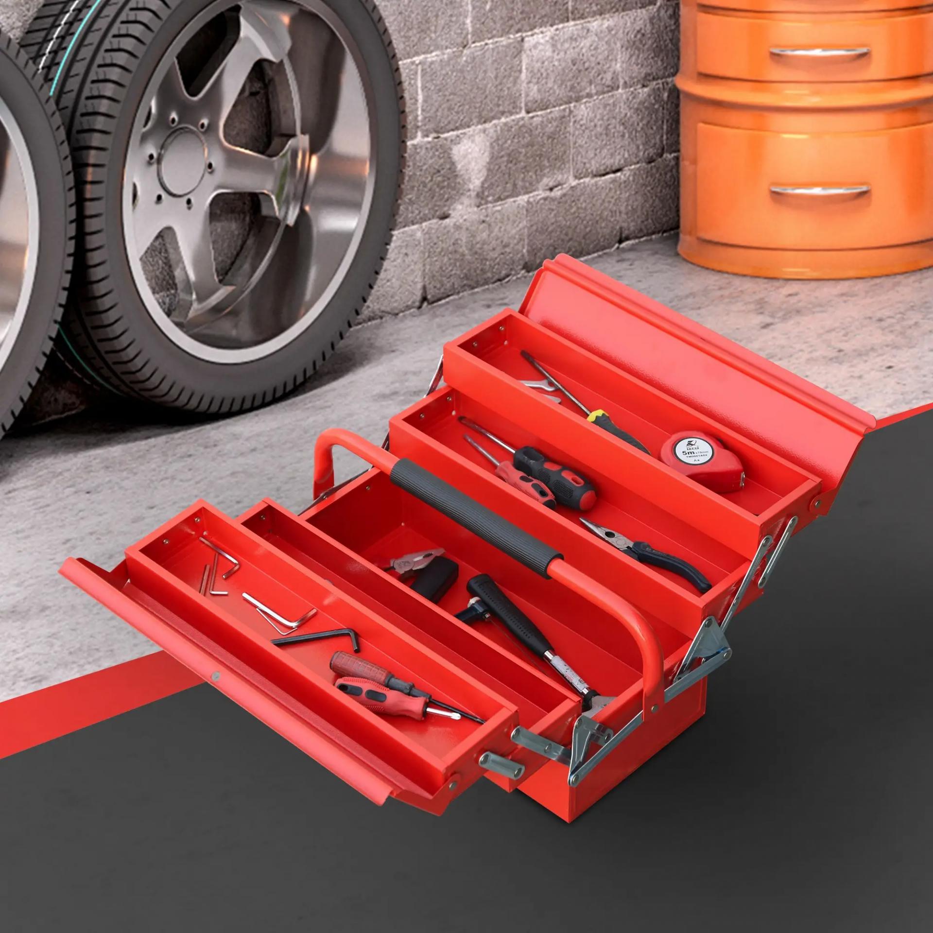 Caja de Herramientas Metálica, Maletín de Herramientas de Acero Plegable con 5 Bandejas y Asa, para Taller, Garaje, 45x20x34,5 cm, Rojo