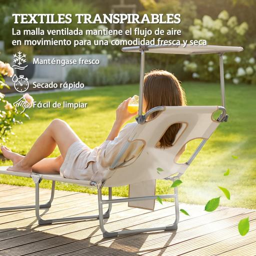 Set de 2 Tumbonas Plegables Reclinables con Dosel 360° Orificio Facial Bolsillo Lateral y Textilene 550 g/m² Beige [2]