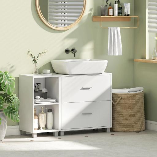 Mueble Bajo Lavabo Mueble de Baño con 2 Cajones y 2 Estantes Abiertos para Lavabo con Pedestal 90x30x60 cm Blanco [5]