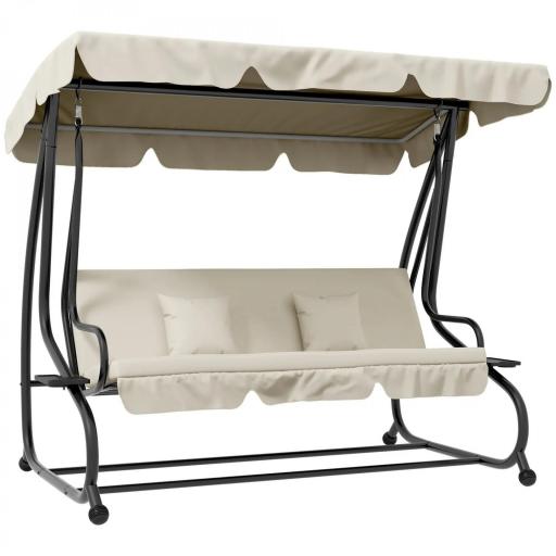 Balancín de Jardín Exterior de 3 Plazas Convertible en Cama con Toldo Ajustable y 2 Almohadas Carga 340 kg Crema [9]