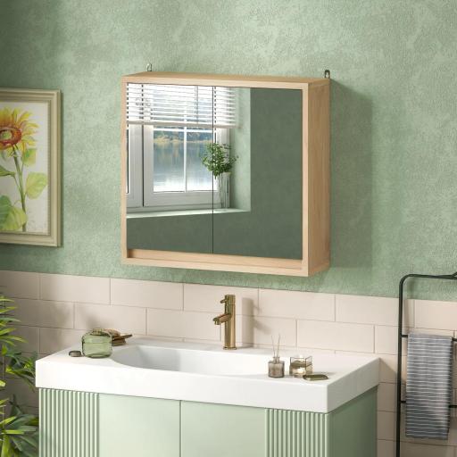 Armario de Baño con Espejo con 2 Puertas y Balda Ajustable Mueble Colgante de Estilo Moderno 48x14,5x45cm Natural