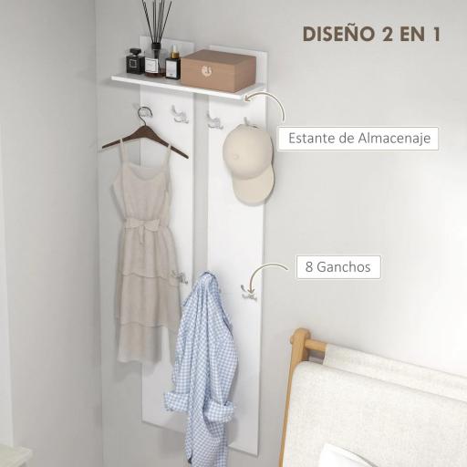 Perchero para Recibidor de Pared con 8 Ganchos y Estante para Entrada Pasillo 55x21,3x170 cm Blanco [3]