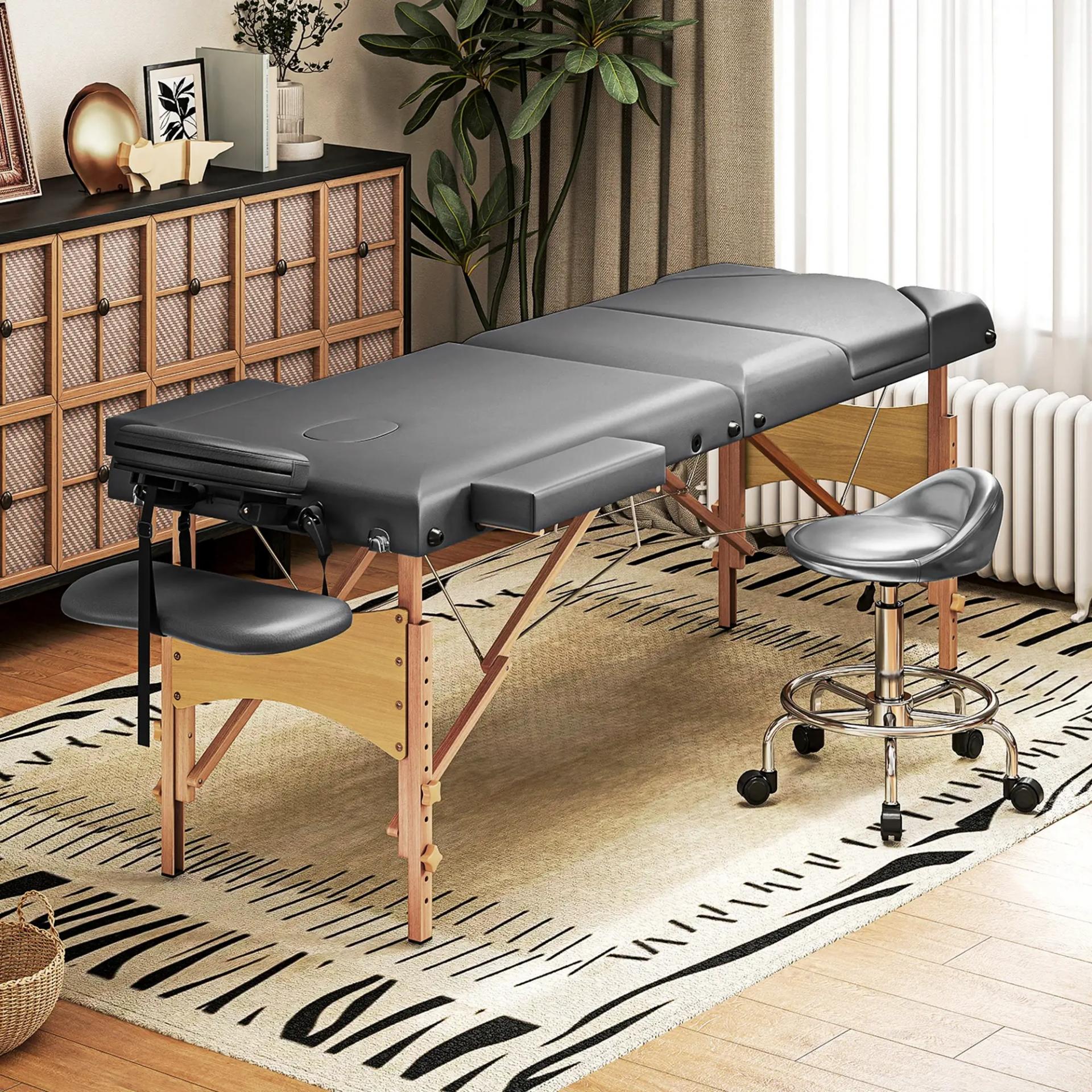 Camilla Masaje Plegable de Madera de 3 Zonas con Altura Respaldo Reposacabezas Ajustables Brazos 215x60x64-89 cm Gris