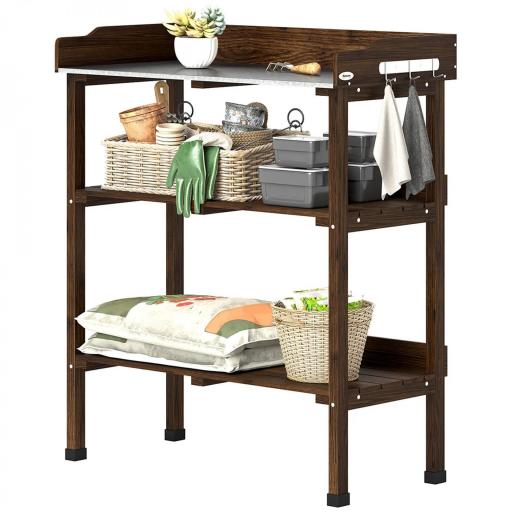 Mesa de Jardinería de Madera con Superficie Metálica Estantes y Ganchos para Jardín Terraza 76x37x89 cm Carbonizado [10]