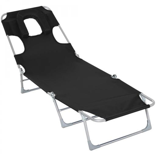 Tumbona Reclinable y Plegable de Jardín con Orificio de Lectura Reposacabezas y Respaldo Ajustable en 5 Niveles para Playa 182x56x28 cm Negro [9]