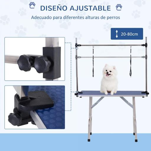 Mesa de Peluquería Canina Plegable, Mesa de Aseo con Cesta de Rejilla Metálica, Encimera Antideslizante, Barra de Acero Inoxidable Ajustable, para Perros, Gatos, 107x60x164 cm, Azul [2]