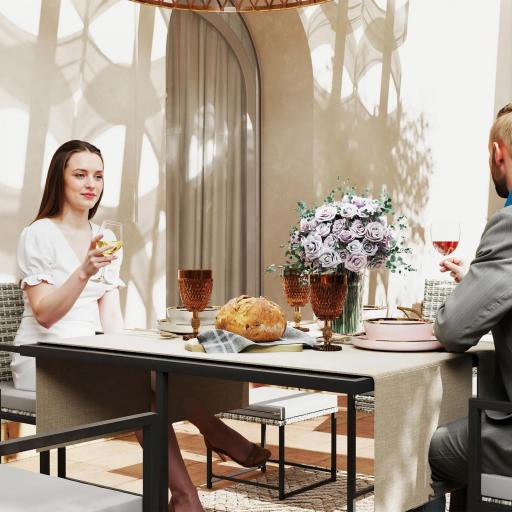 Conjunto de Jardín Exterior de 9 Piezas de Ratán Sintético con Mesa de Vidrio 4 Sillas y 4 Taburetes con Cojines Gris [6]