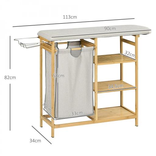Cesto de Ropa Sucia 57,4L con Tabla de Planchar Soporte para Plancha 3 Estantes y Bolsa Extraíble 113x34x82 cm Natural [1]