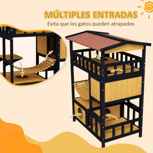 Casa para Gatos de 4 Niveles 84x60x116 cm Refugio para Gatos con Puente Colgante Balcón y Techo Asfáltico Natural [2]