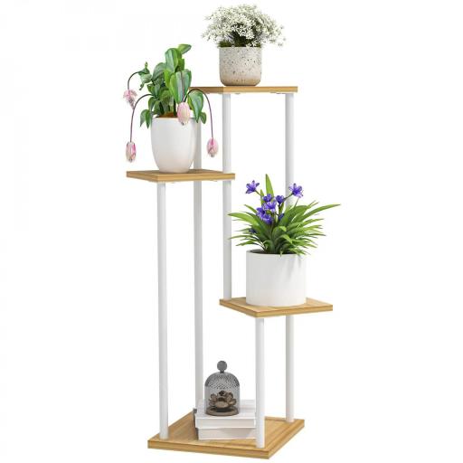 Soporte para Plantas de Madera y Acero de 4 Niveles con 4 Estantes Cuadrados 53x42x85 cm Natural y Blanco [9]