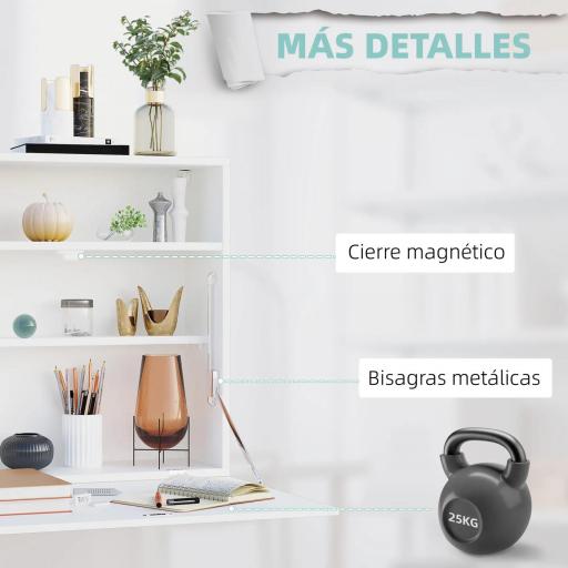 Escritorio Plegable de Pared Moderno Mesa Flotante Multifuncional con Estantes de Almacenamiento 64x20x60 cm Blanco [6]