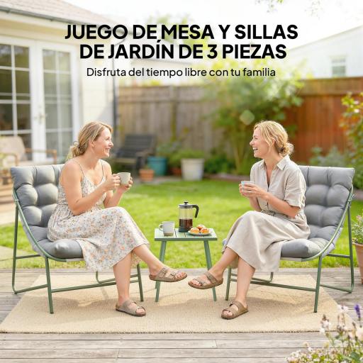 Conjunto de Jardín de 3 Piezas con 2 Sillas Lounge Mesa de Café y Cojines para Exterior Patio Balcón Gris Claro [2]