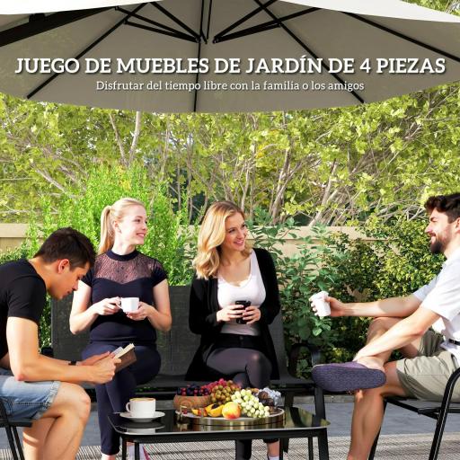 Conjunto de Muebles de Jardín de 4 Piezas con 2 Sillas Apilables y Banco de 2 Plazas con Mesa de Café de Vidrio Negro [2]