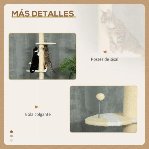 Árbol para Gatos de Suelo a Techo con Altura Ajustable Poste de Sisal y Bola para Jugar 47x34x220-260 cm Crema [3]